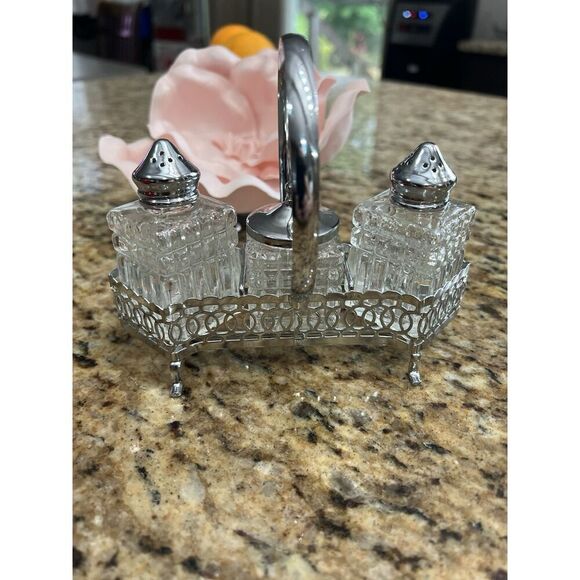 Vintage Salt & Pepper Shakers Mustard Caddy Cruet 4 Pc Silver Glass Elegant - Picture 1 of 15